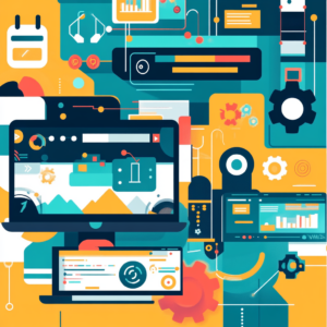 Colorful illustration of technology and digital interfaces with abstract elements.