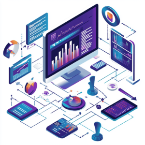 Data analytics tools with graphs and charts in an illustration