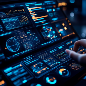 Person interacting with futuristic data visualization dashboard.