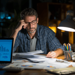 Man working late night at desk with documents and laptop.
