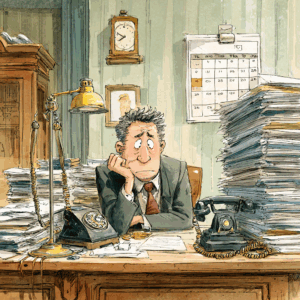 Cartoon of a stressed man at a desk with stacks of papers and telephones.